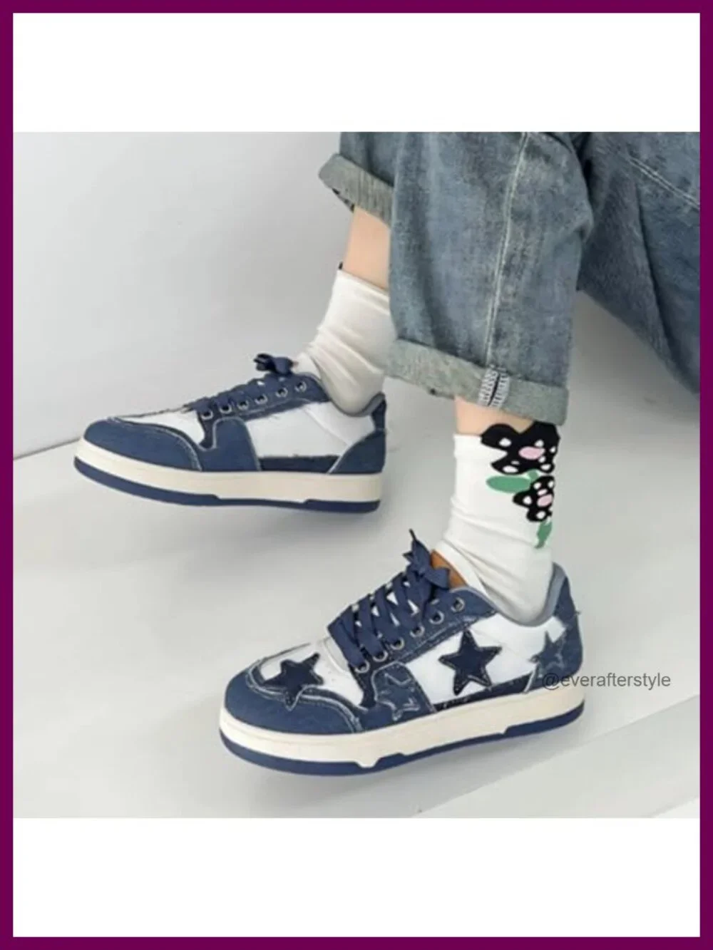 Retro Star Chunky Platform Sneakers with Canvas Denim Suede